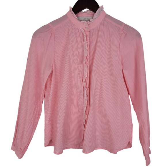 Pink Ruffle Collar Button Up Blouse 100% Cotton XSP - Picture 1 of 8